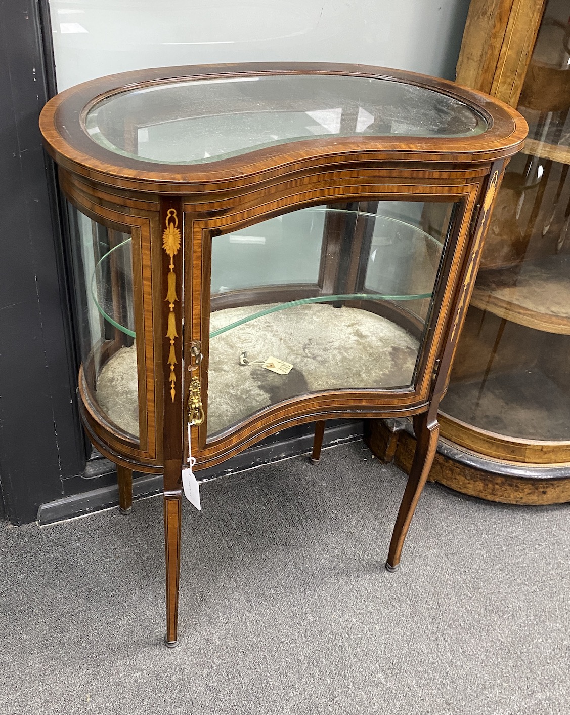 An Edwardian satinwood banded and marquetry inlaid kidney shaped bijouterie cabinet, width 58cm, depth 35cm, height 76cm
